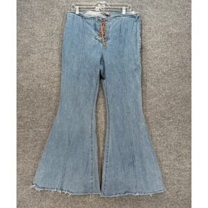 SO Flare Jeans Women 17/33W Blue Lace Up Front Retro Boho Bell Bottom Denim